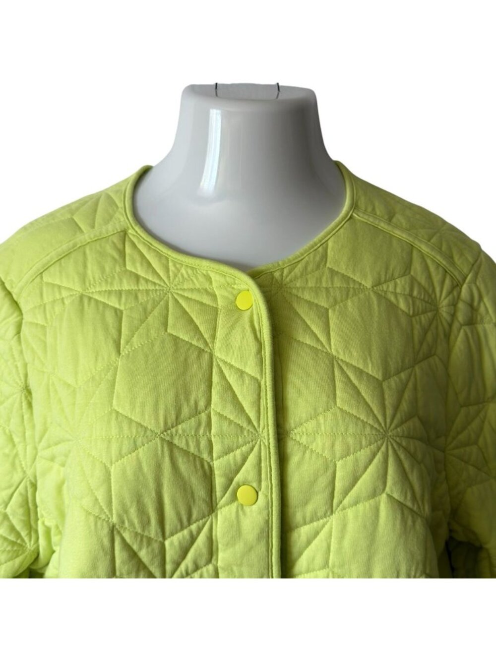 Lands End Womens XL Quilted Jacket Cotton Blend Snap Geometric Chartreuse Yellow - Picture 3 of 16